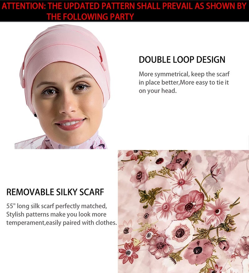 JarseHera Bamboo Cotton Liner Chemo Headwear for Womenwith Silky Scarfs for Cancer Hair Loss Sleep Caps Beanie (Light Gray+Light Pink,2 Pair) - Image 4